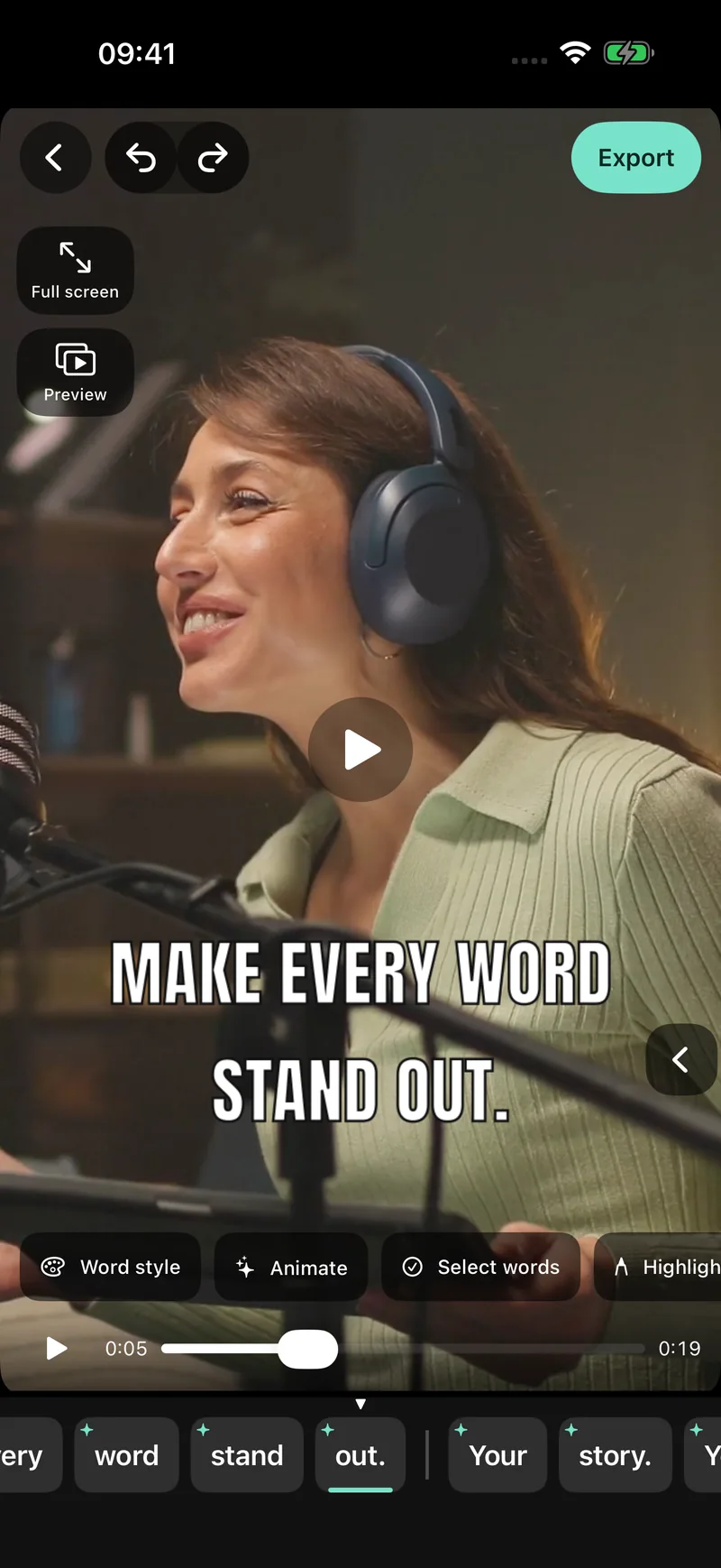 Capbeam’s real iPhone editor, with a captioned video and editable words beneath it.
