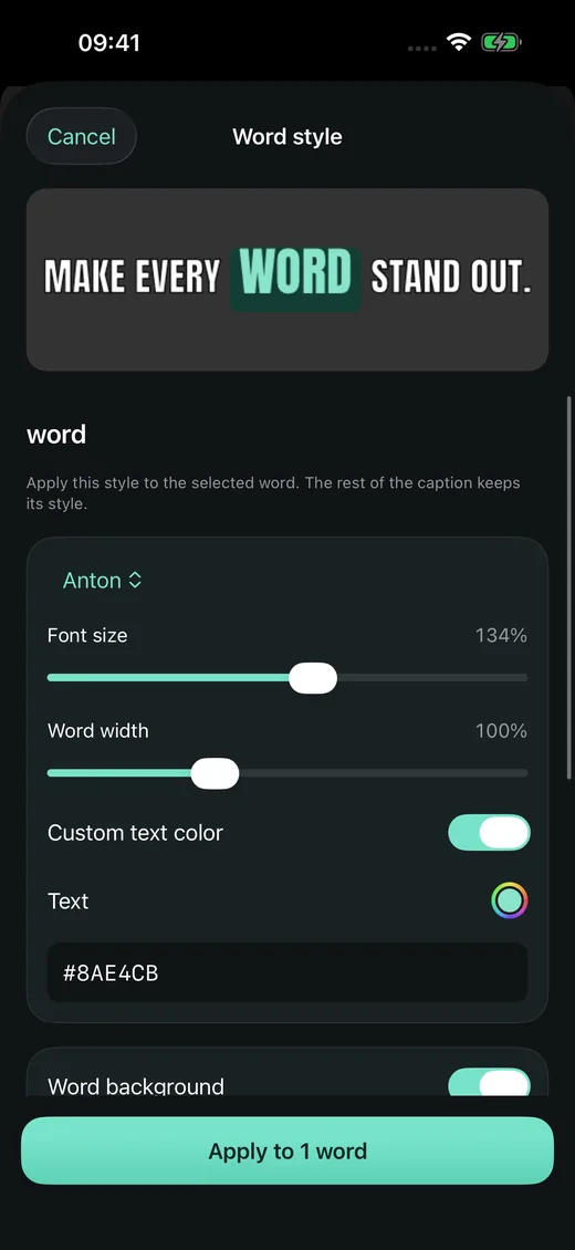Word styling controls in Capbeam